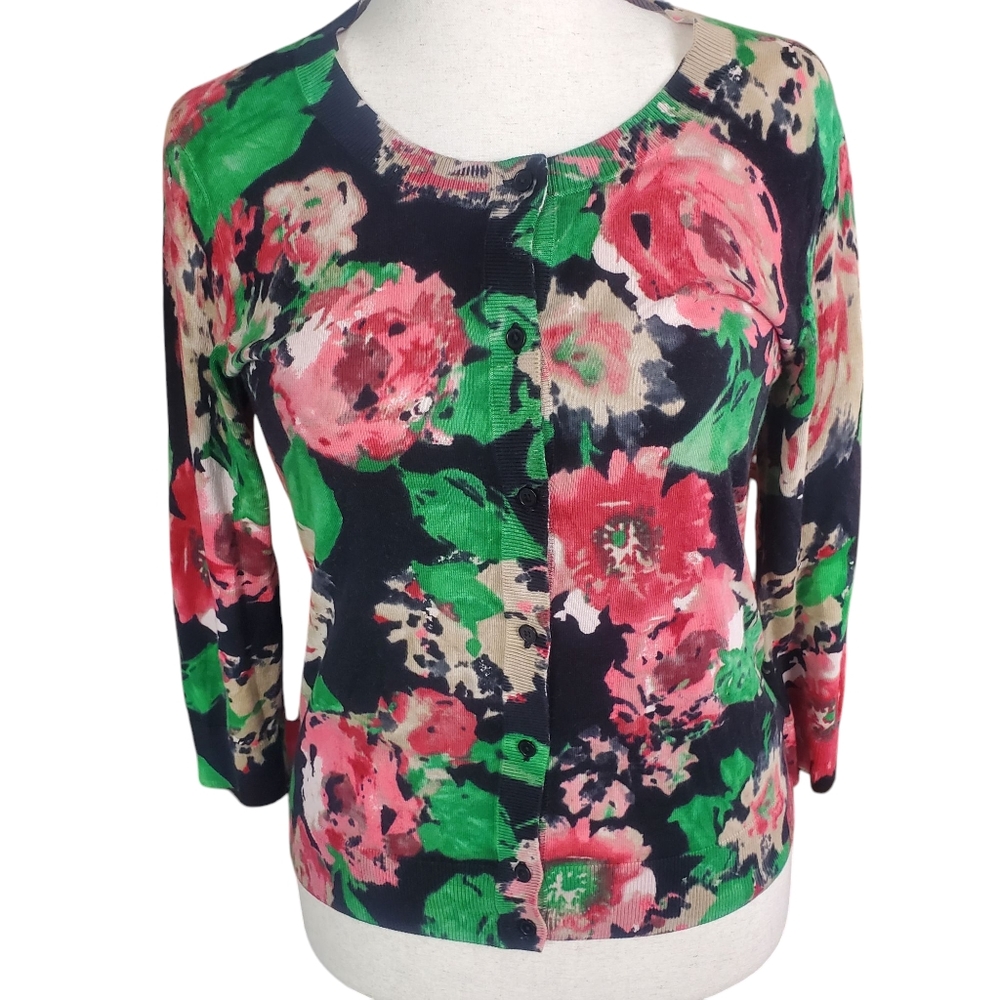 Talbots Cotton Colorful Floral Cartigan Button Lightweight Med Preppy 3/4 Sleeve